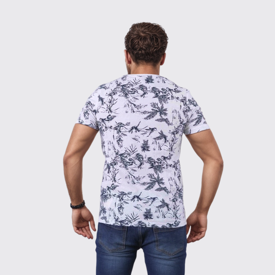 T-Shirt Homme À Fleur - Blanc / Bleu