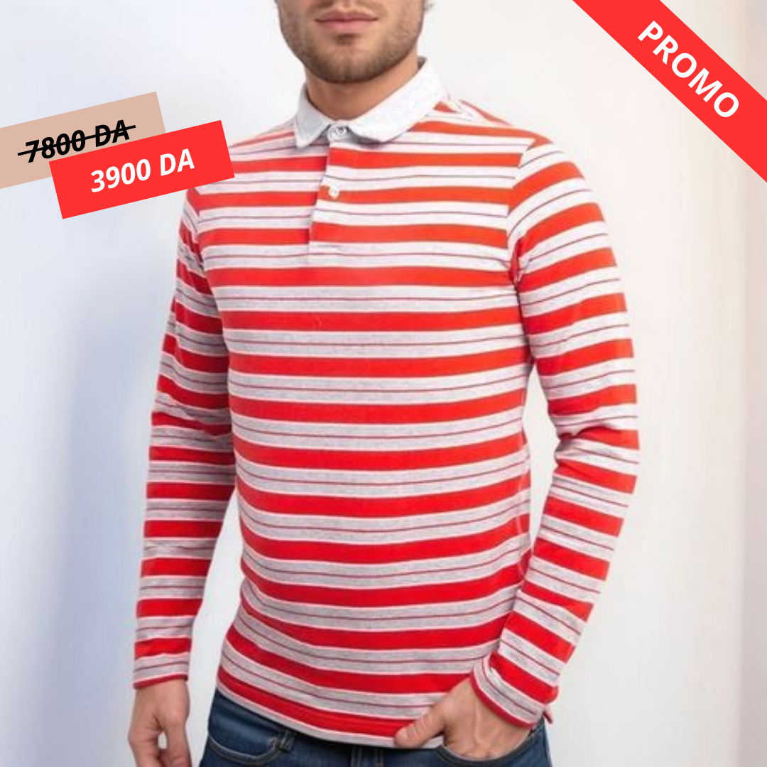 Polo Manches Longue à Rayures - Rouge/gris