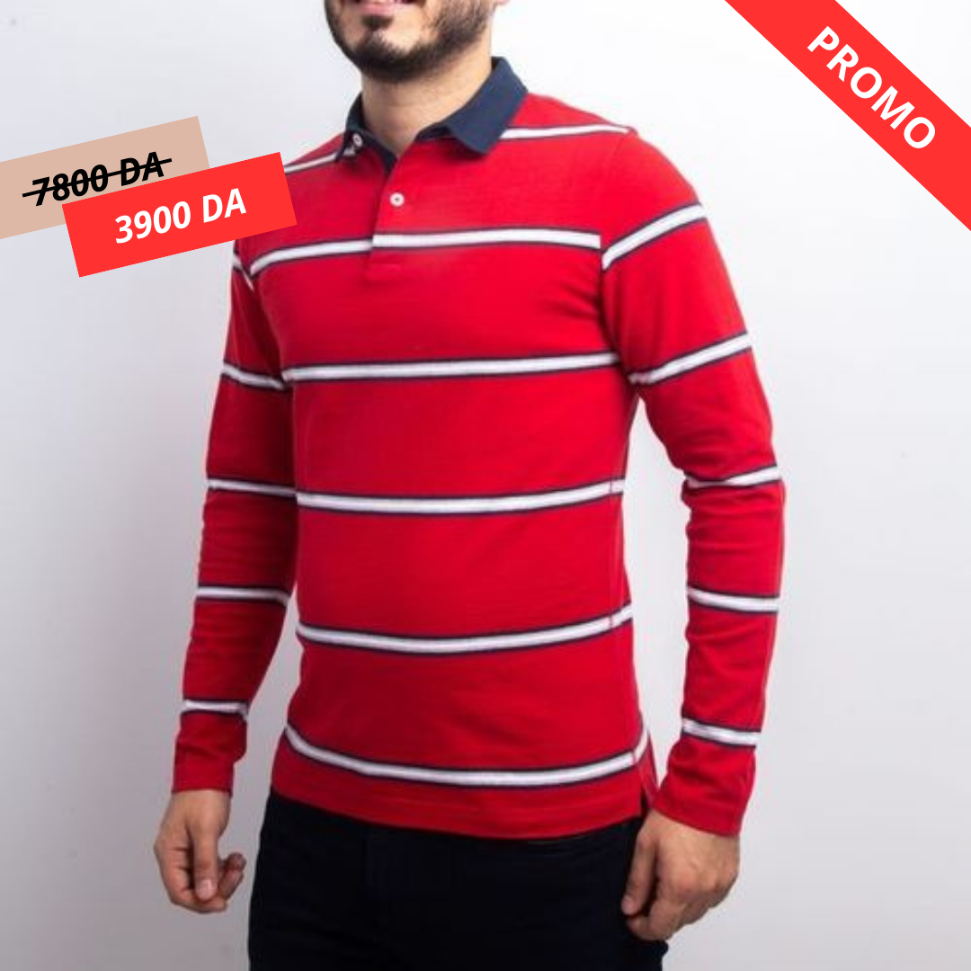 Polo Manches Longues à Rayures - Rouge