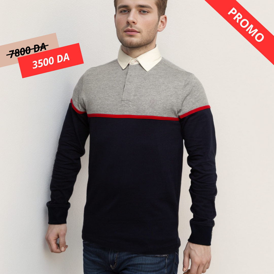 Polo Manche Longue - Bleu/Gris