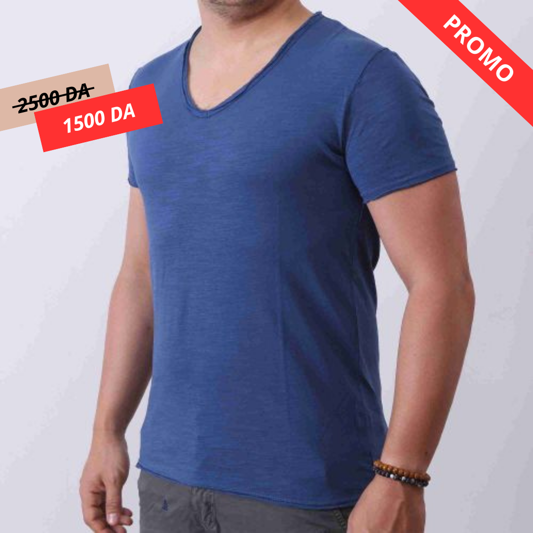 Y.two Jeans T-Shirt Homme 100% coton Col V - Bleu