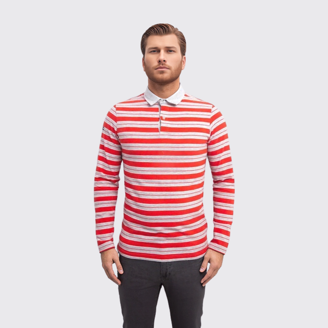 Polo Manches Longue à Rayures - Rouge/gris