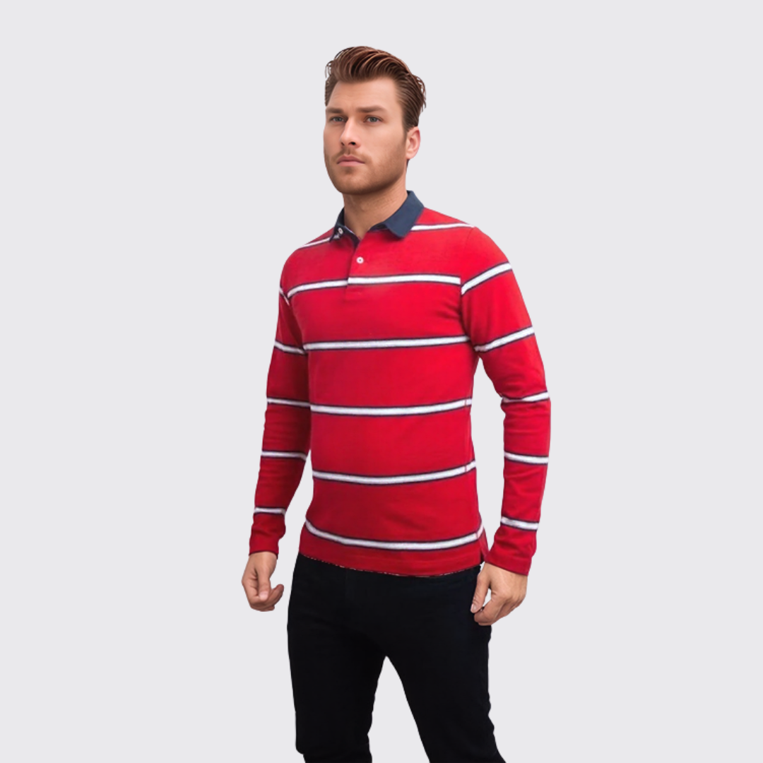 Polo Manches Longues à Rayures - Rouge