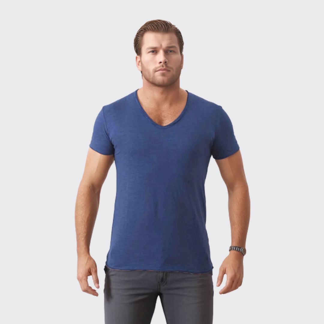 Y.two Jeans T-Shirt Homme 100% coton Col V - Bleu