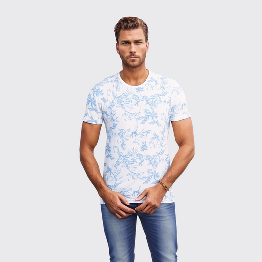 T-Shirt Homme À Fleur - Blanc/Bleu