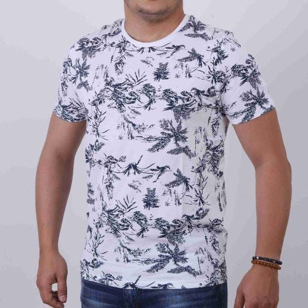 T-Shirt Homme À Fleur - Blanc / Bleu