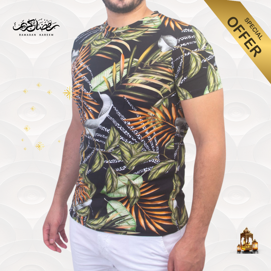 T-shirt à Fleur - Noir / Vert