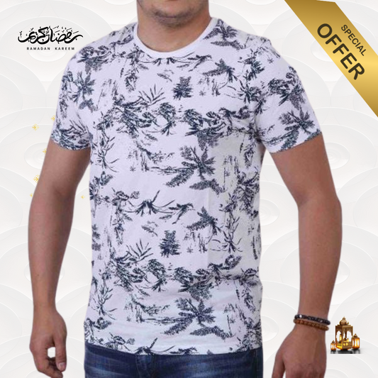 T-Shirt Homme À Fleur - Blanc / Bleu