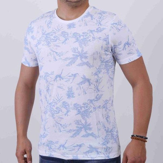 T-Shirt Homme À Fleur - Blanc/Bleu