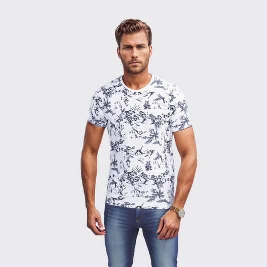 T-Shirt Homme À Fleur - Blanc / Bleu