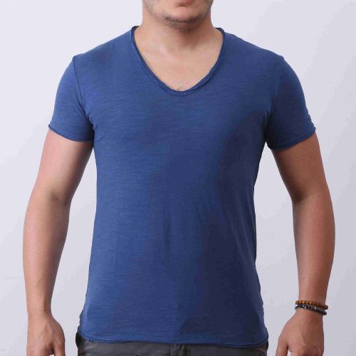 Y.two Jeans T-Shirt Homme 100% coton Col V - Bleu
