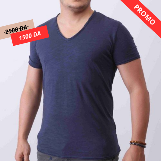Y.two Jeans T-Shirt Homme 100% coton Col V - Bleu Marine