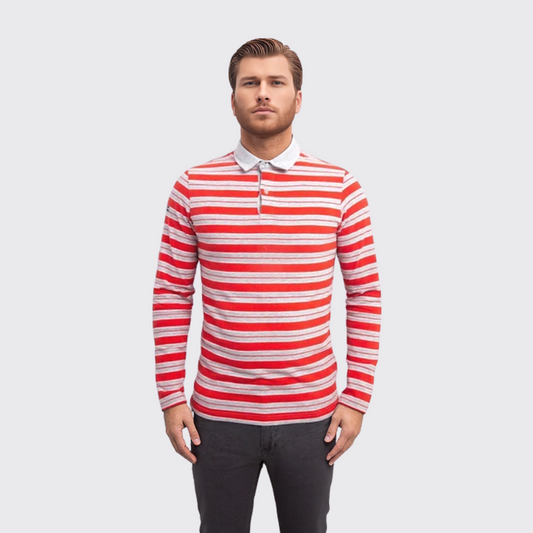 Polo Manches Longue à Rayures - Rouge/gris