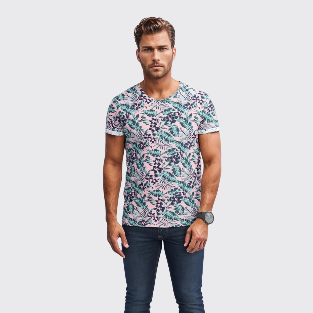 Y.two Jeans T-Shirt Homme A Fleur - Rose