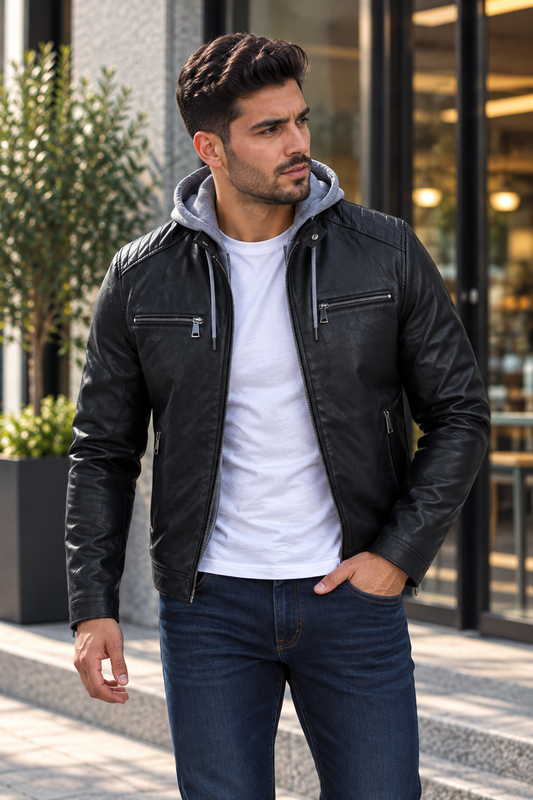 Blouson Simili Cuir - Capuche Amovible - Noir