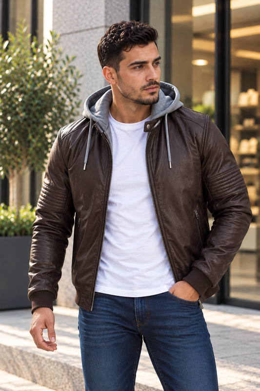 Blouson Simli Cuir - Capuche Amovible - Marron foncé