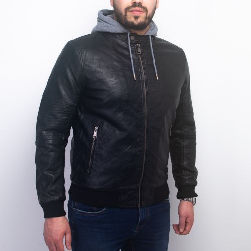 Enos Jeans Veste Simili Cuir À Capuche Détachable - Noir